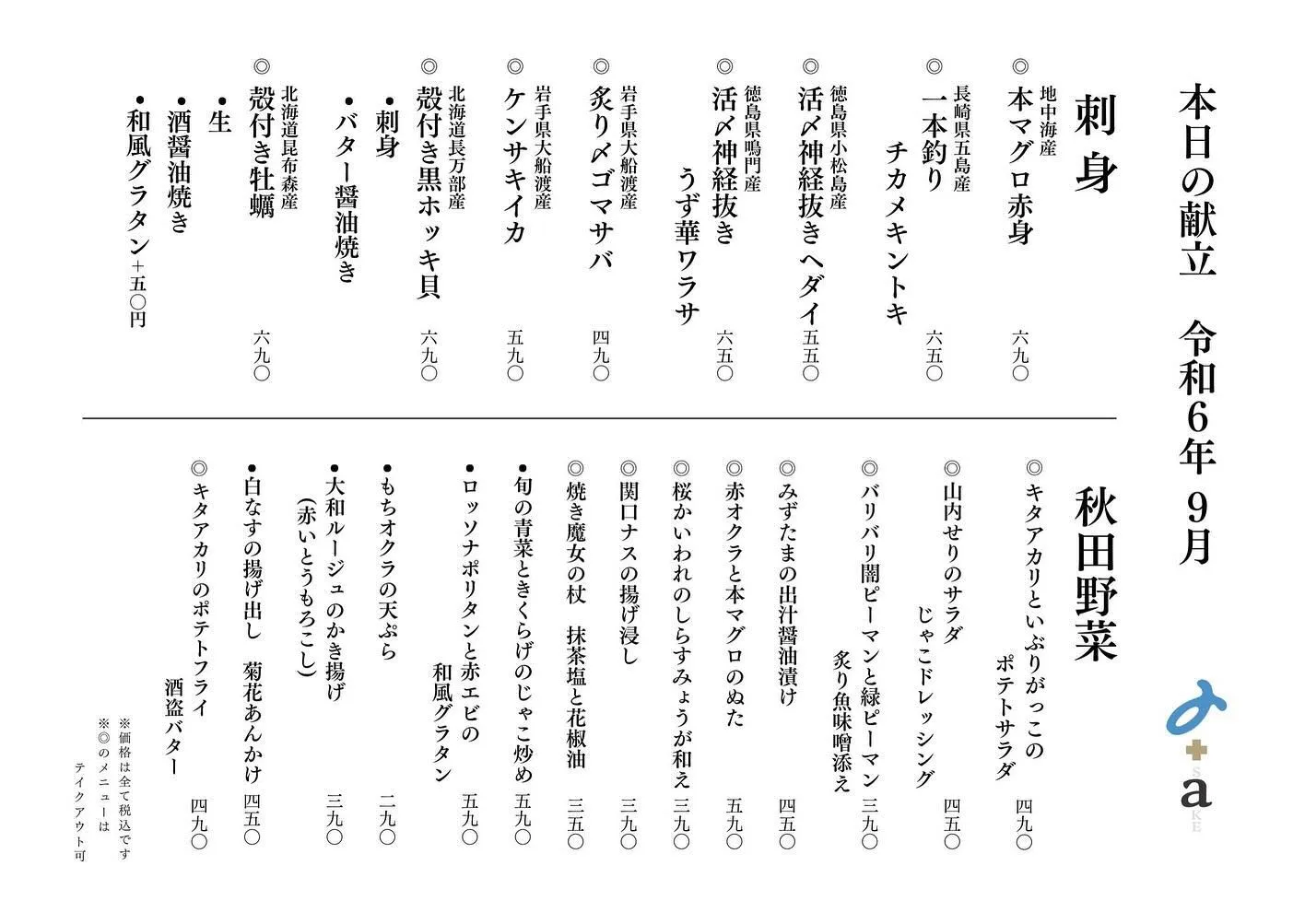 さかなの木、9月13日のメニューです。