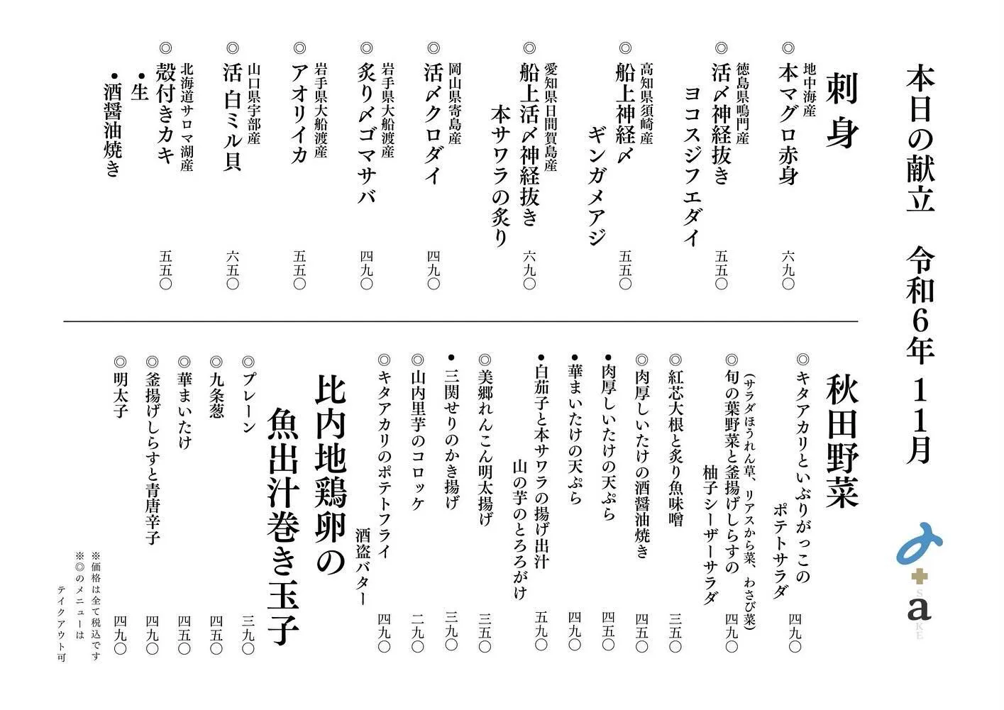 さかなの木、11月28日のメニューです。