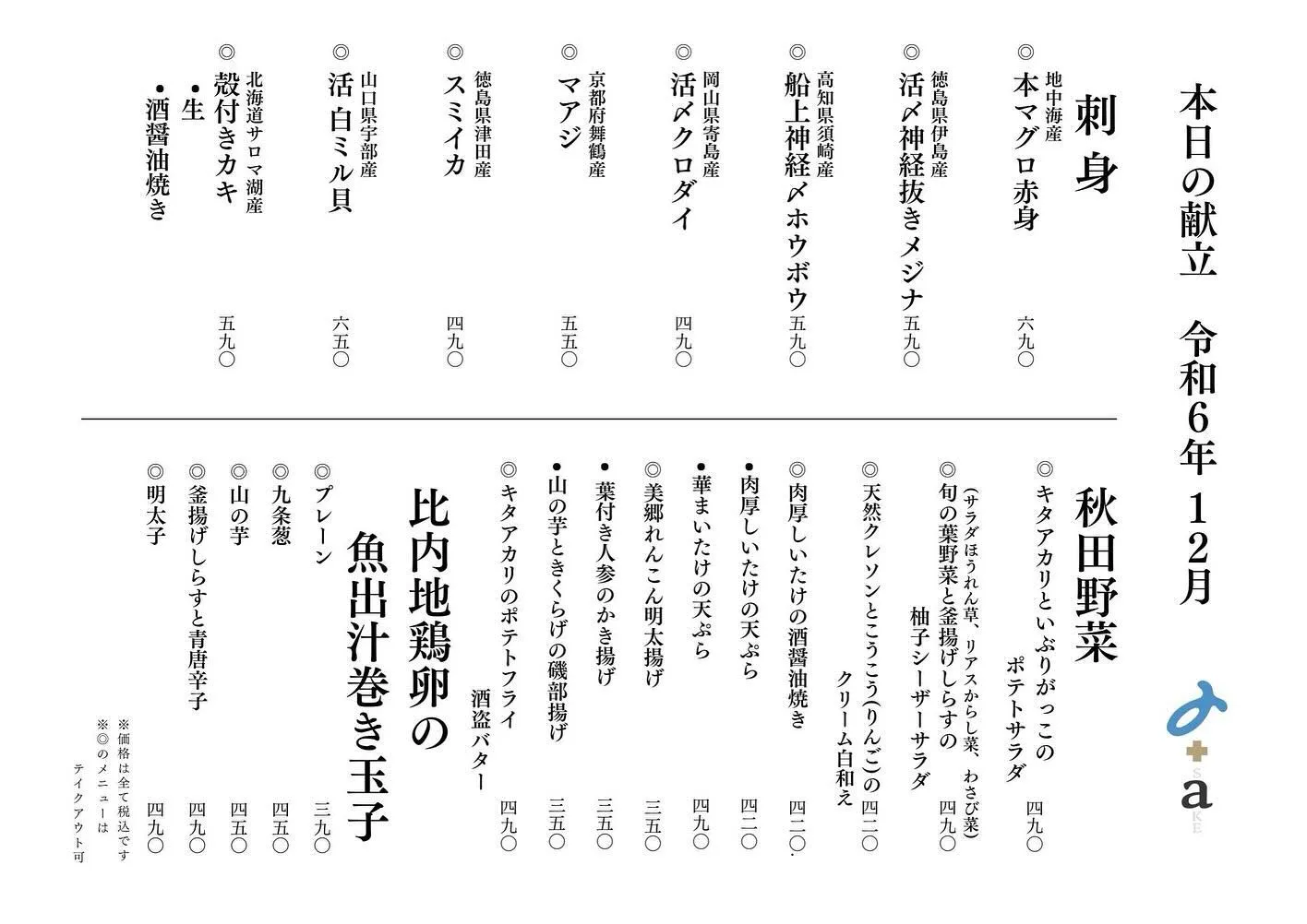 さかなの木、12月4日のメニューです。