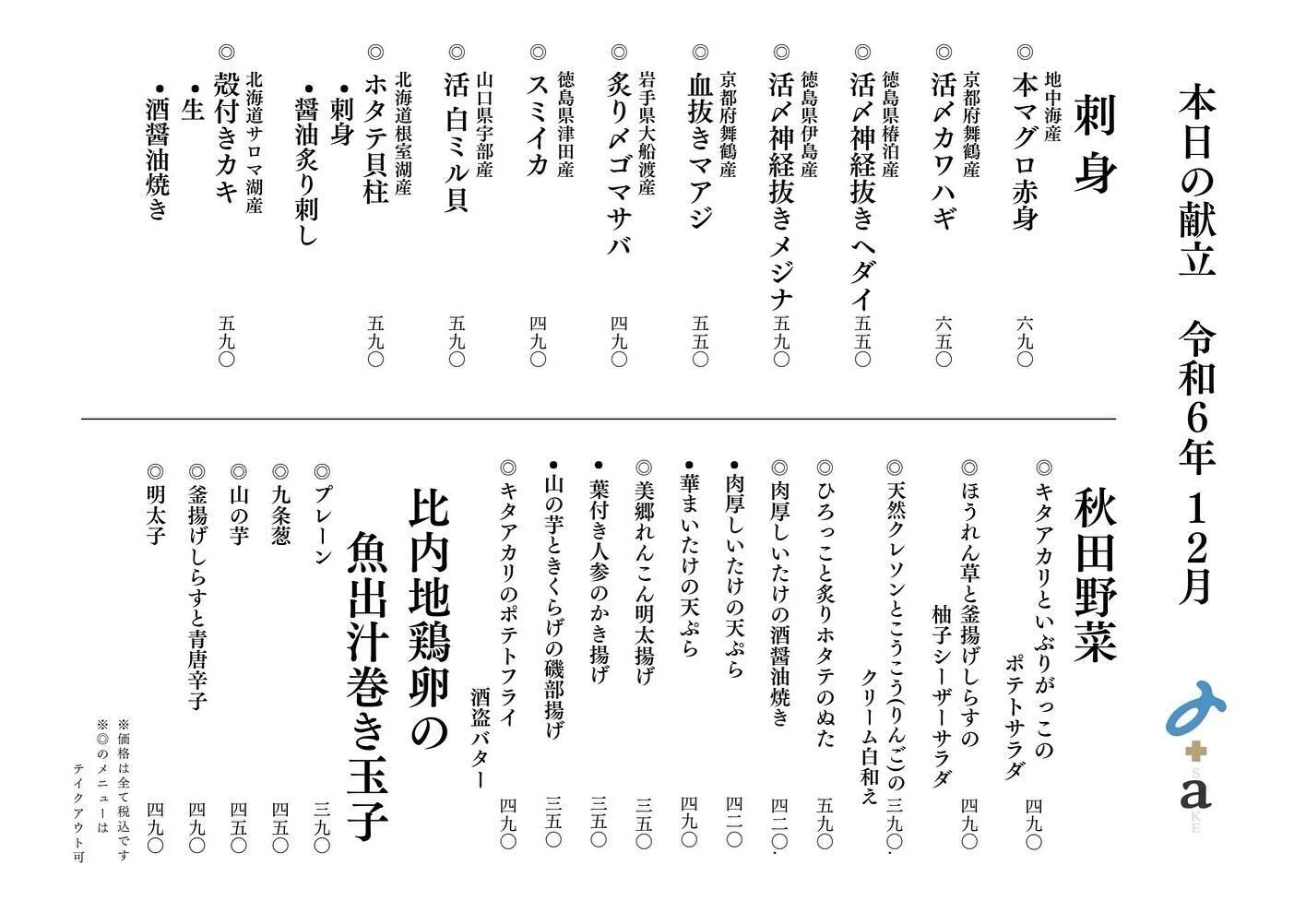 さかなの木、12月6日のメニューです。