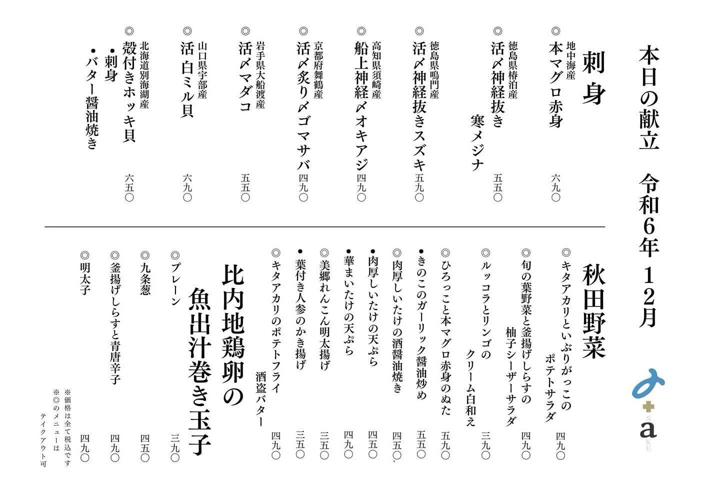 さかなの木、12月11日のメニューです。