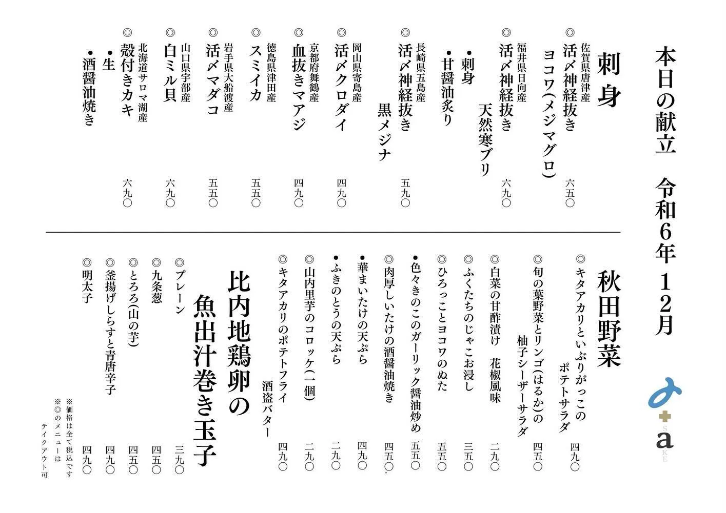 さかなの木、12月20日のメニューです。