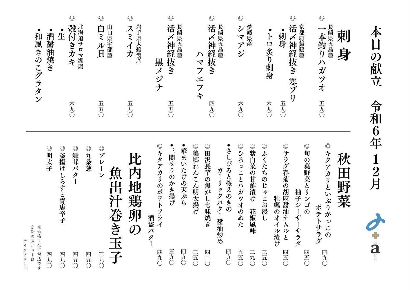 さかなの木、12月26日のメニューです。