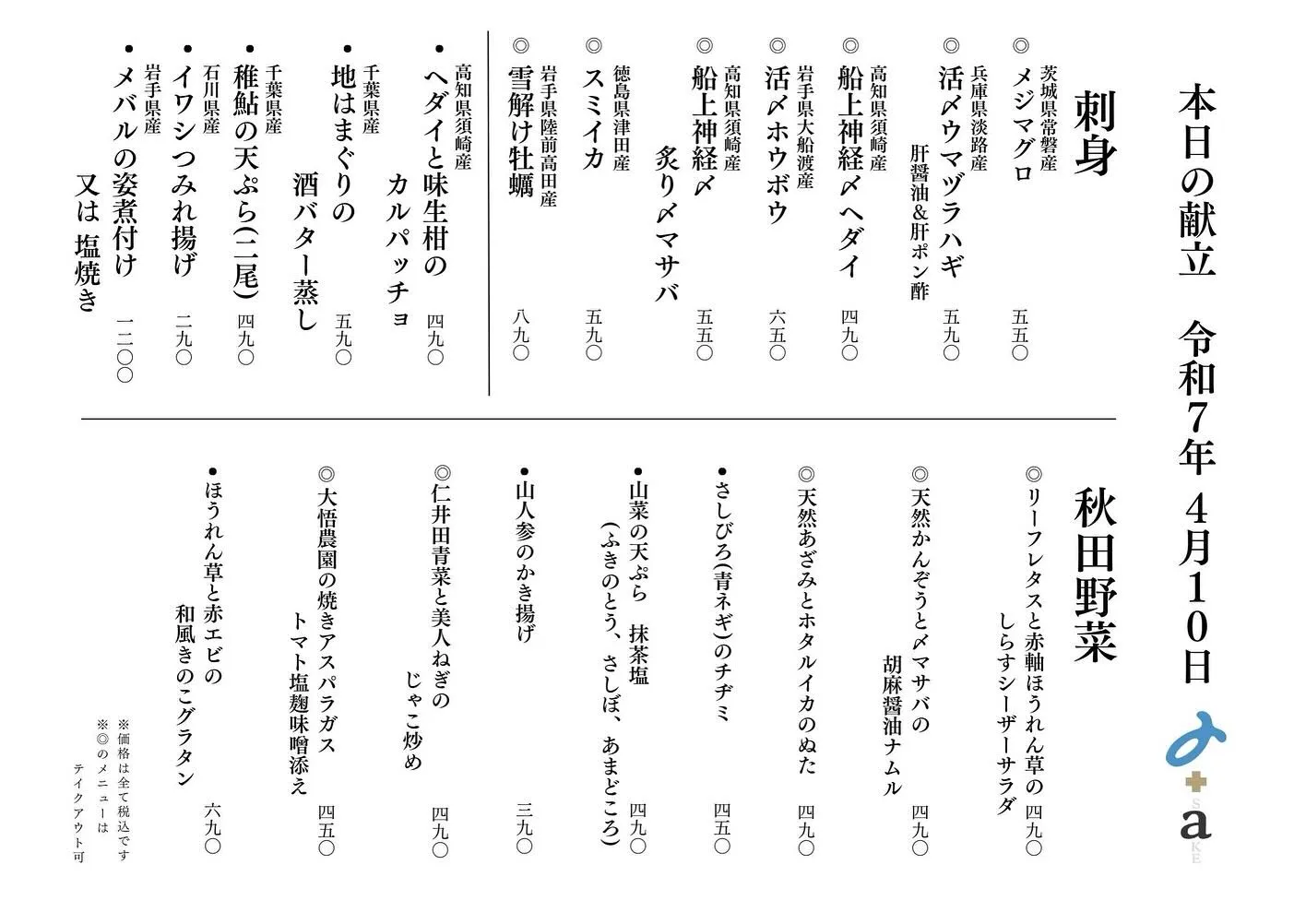 さかなの木、4月10日のメニューです。