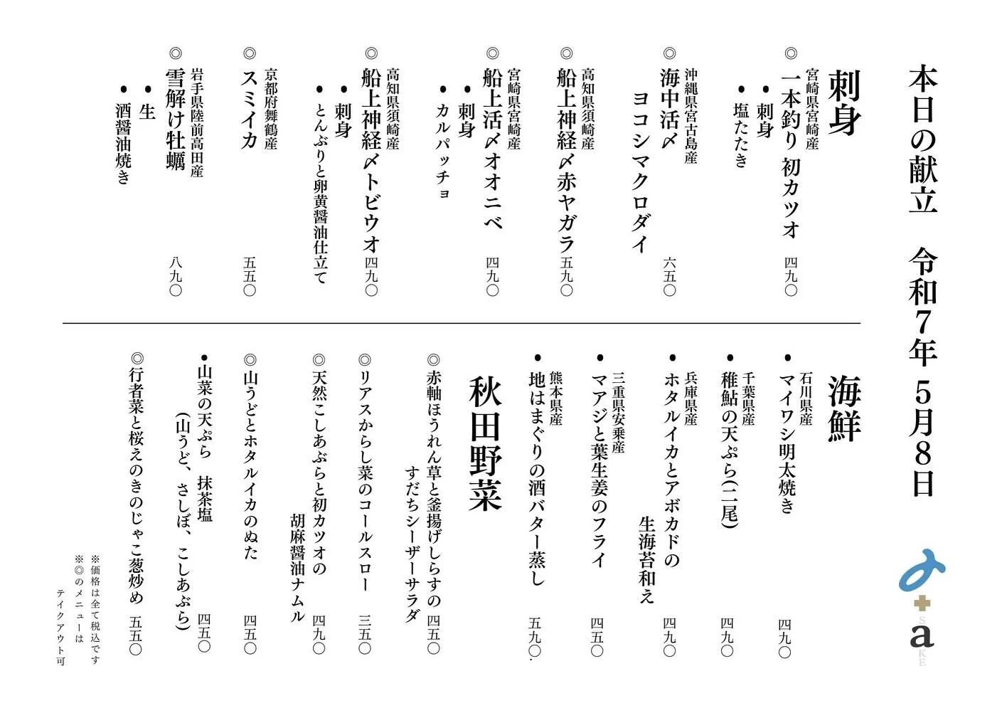 さかなの木、5月8日のメニューです。