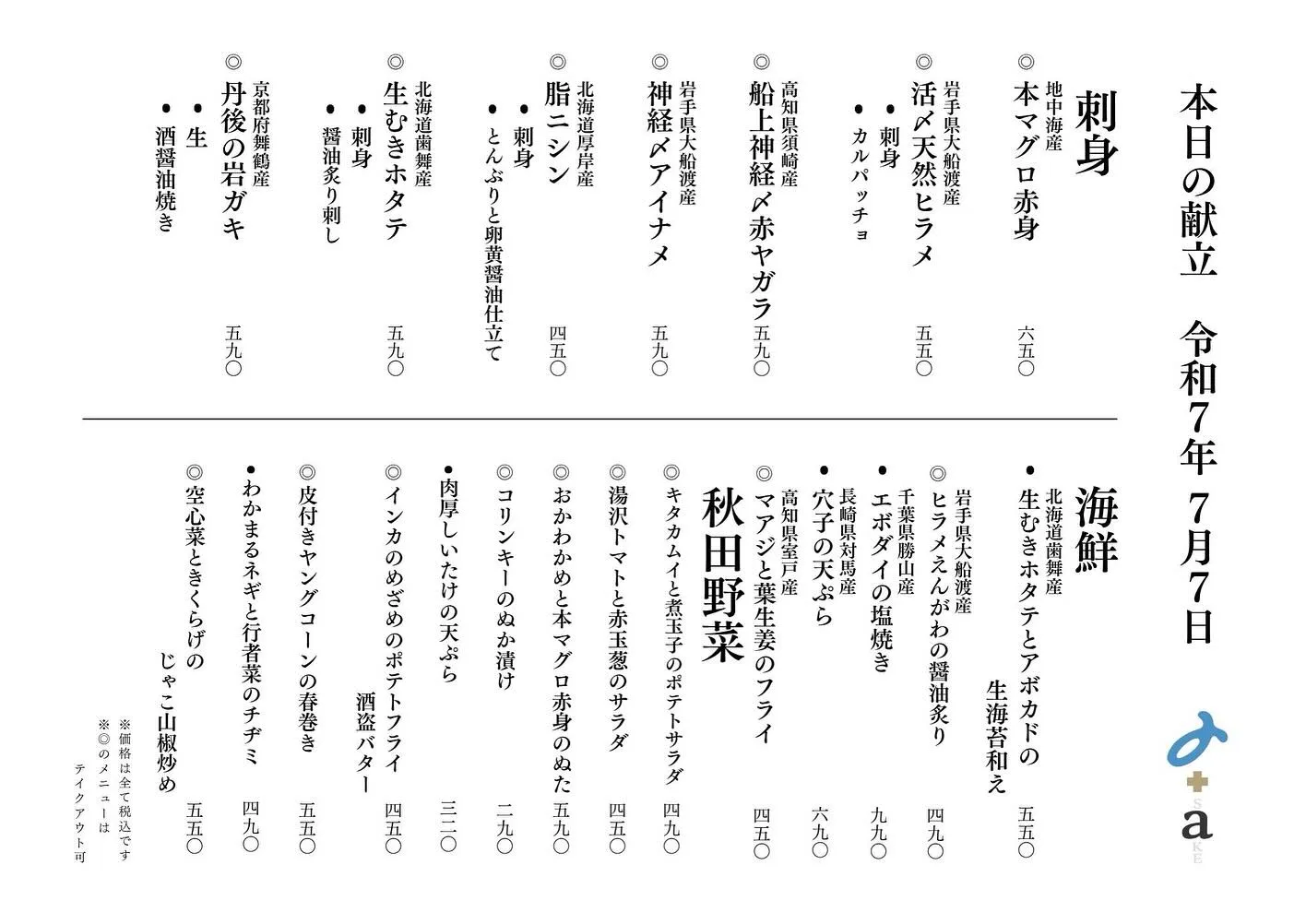 さかなの木7月7日のメニューです。