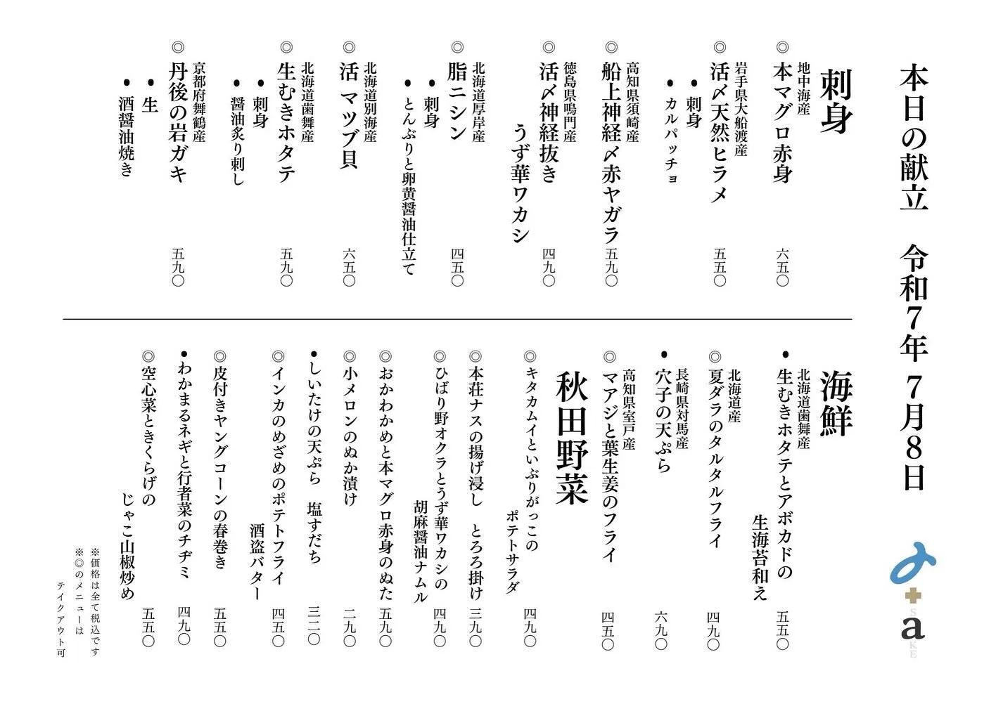 さかなの木7月8日のメニューです。