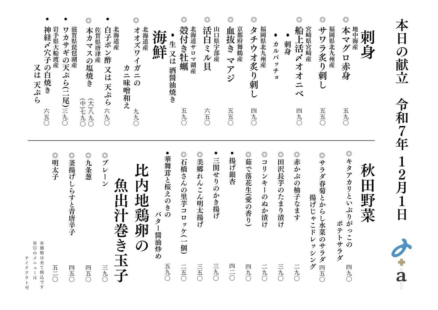 さかなの木12月1日のメニューです。