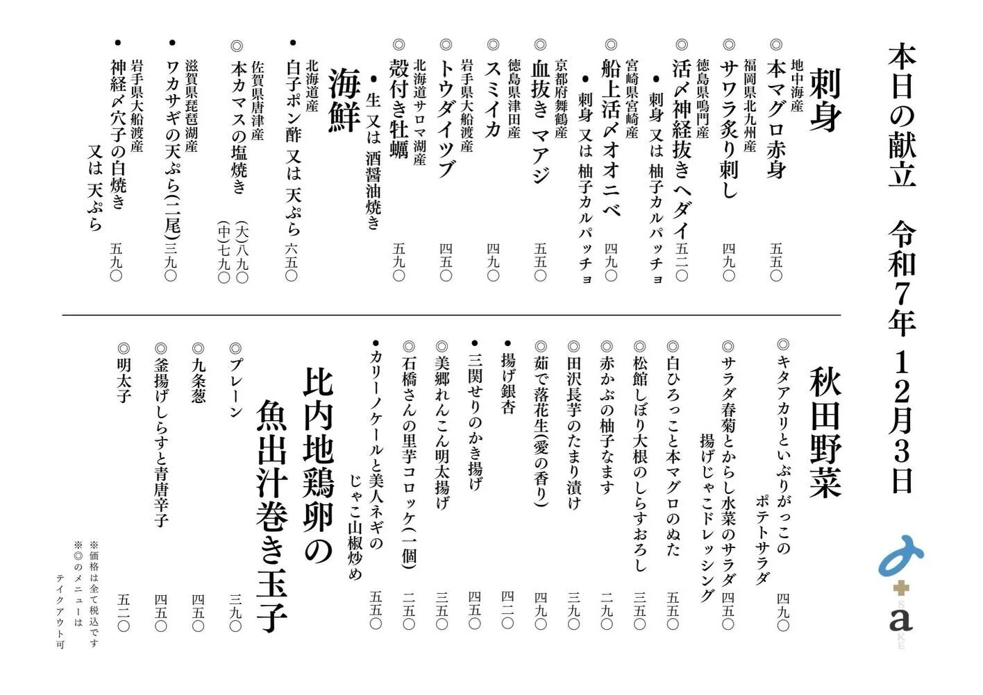 さかなの木12月3日のメニューです。