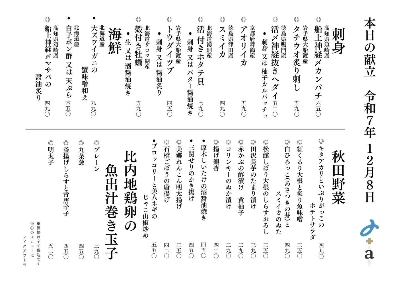 さかなの木12月8日のメニューです。