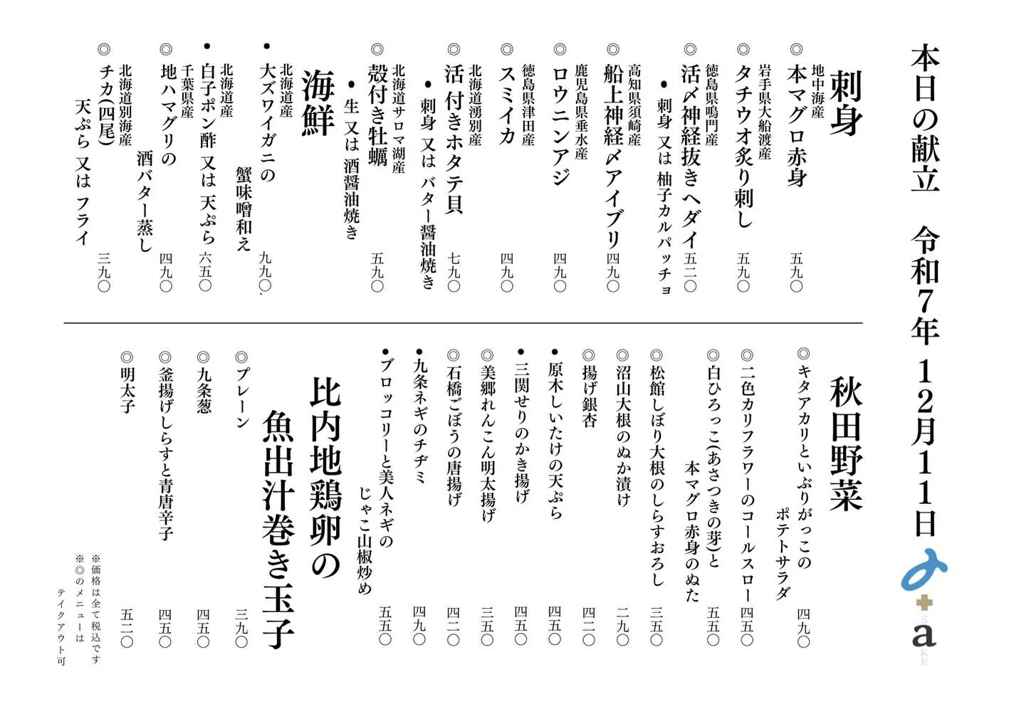 さかなの木12月11日のメニューです。