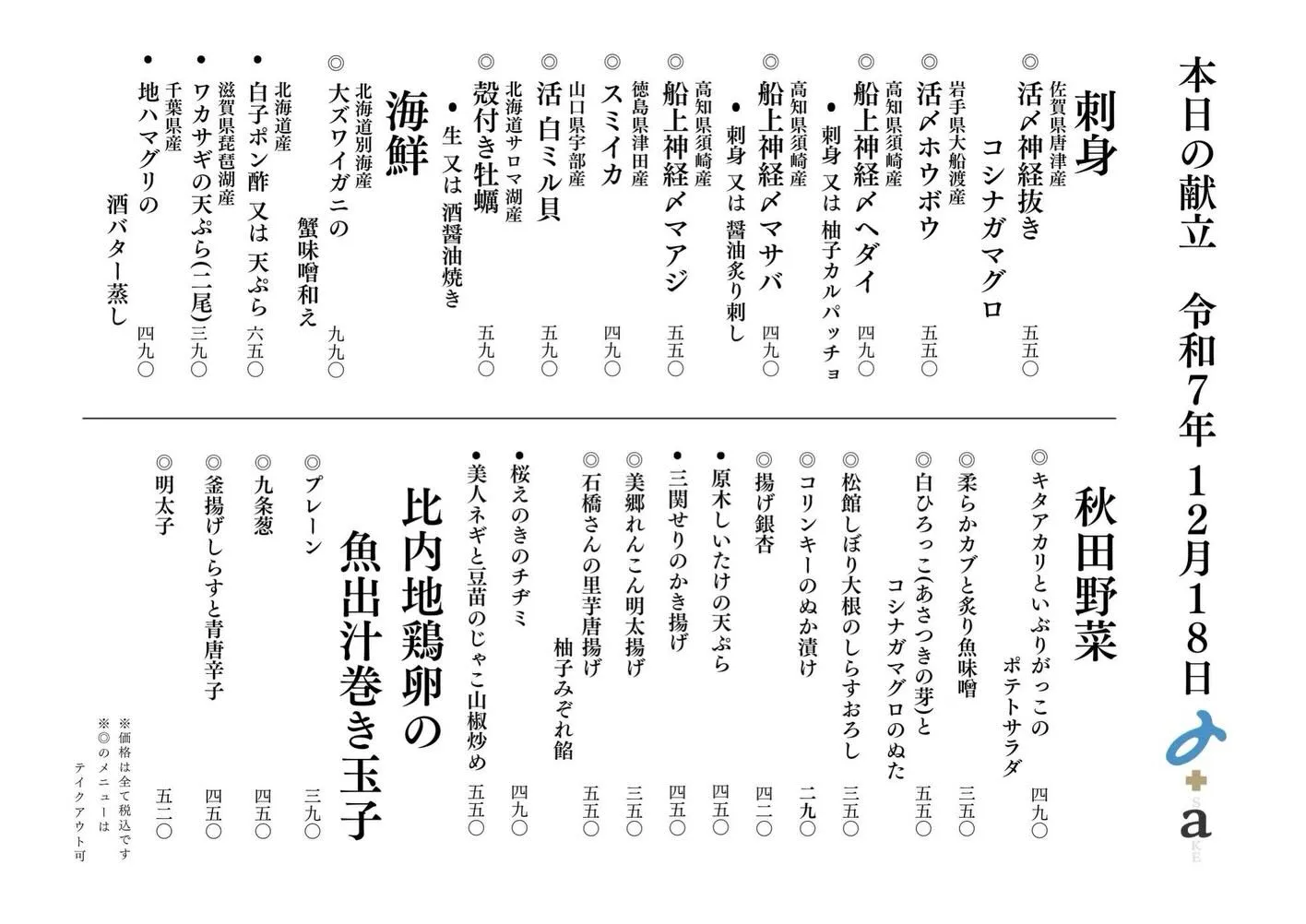 さかなの木12月18日のメニューです。