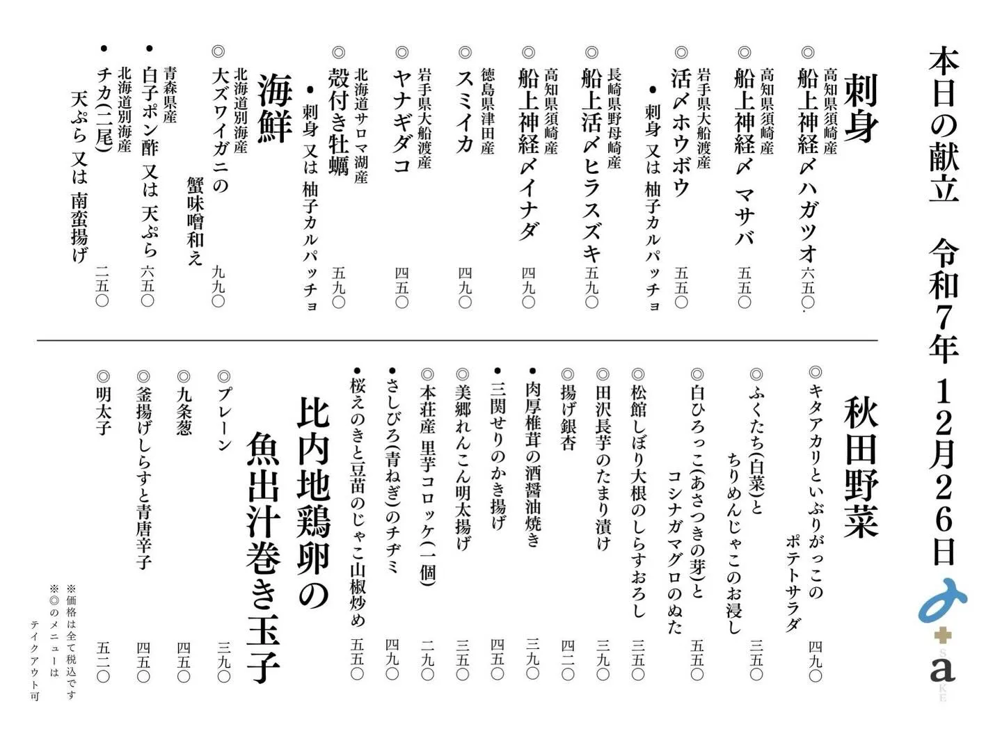 さかなの木12月26日のメニューです。
