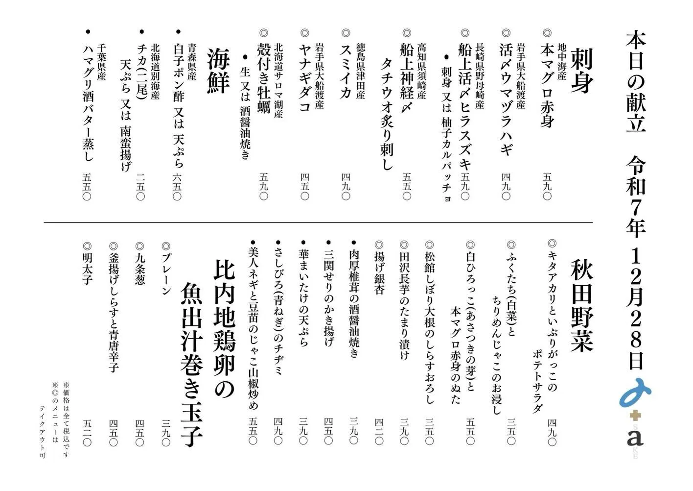 さかなの木12月28日のメニューです。