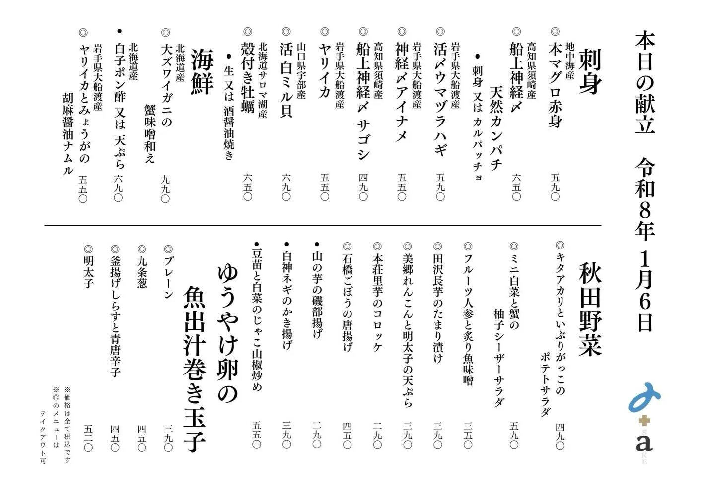 さかなの木1月6日のメニューです。