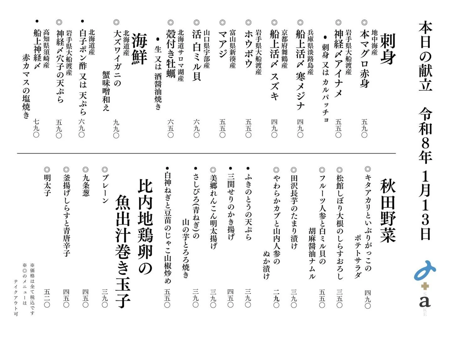 さかなの木1月13日のメニューです。