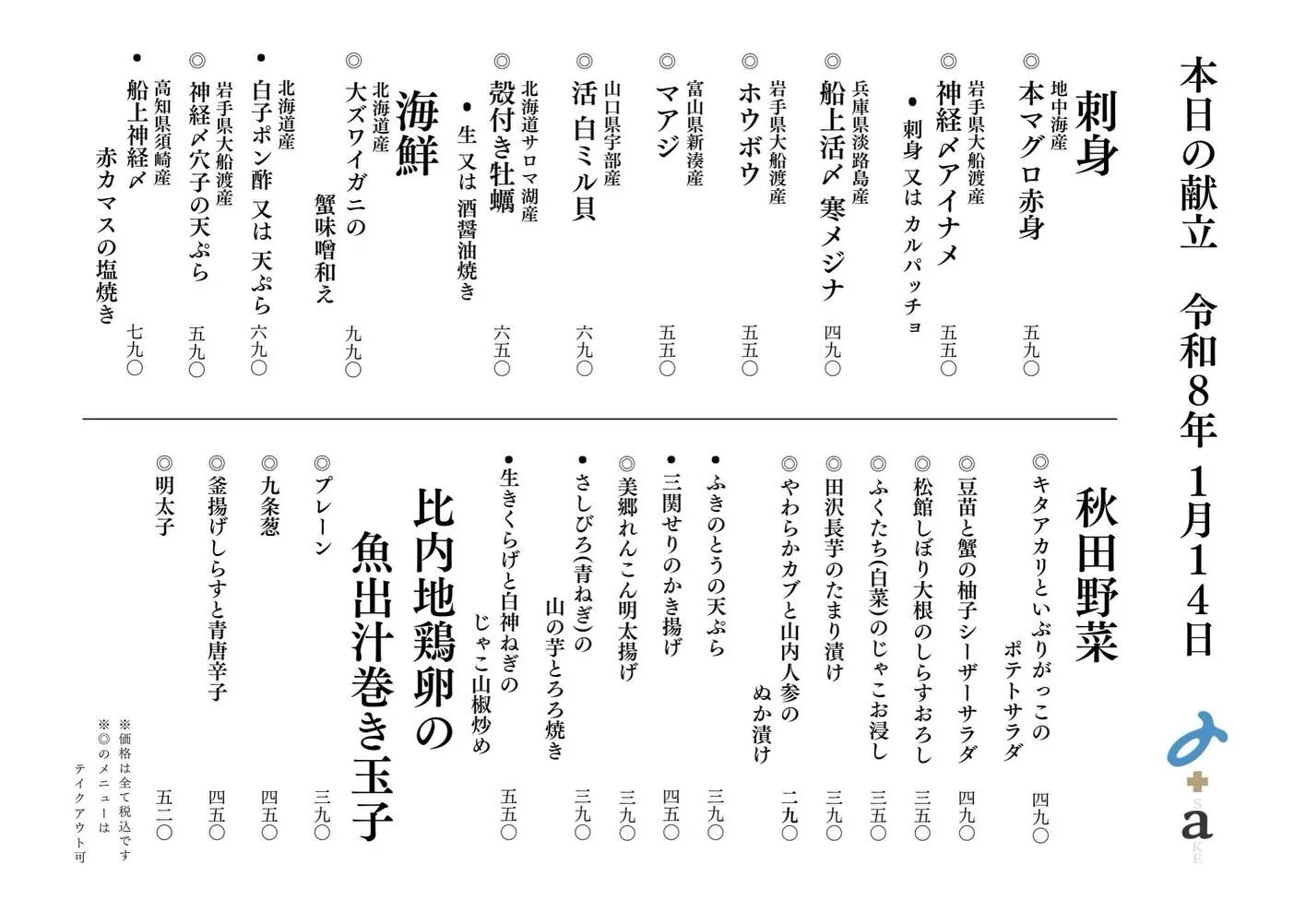 さかなの木1月14日のメニューです。
