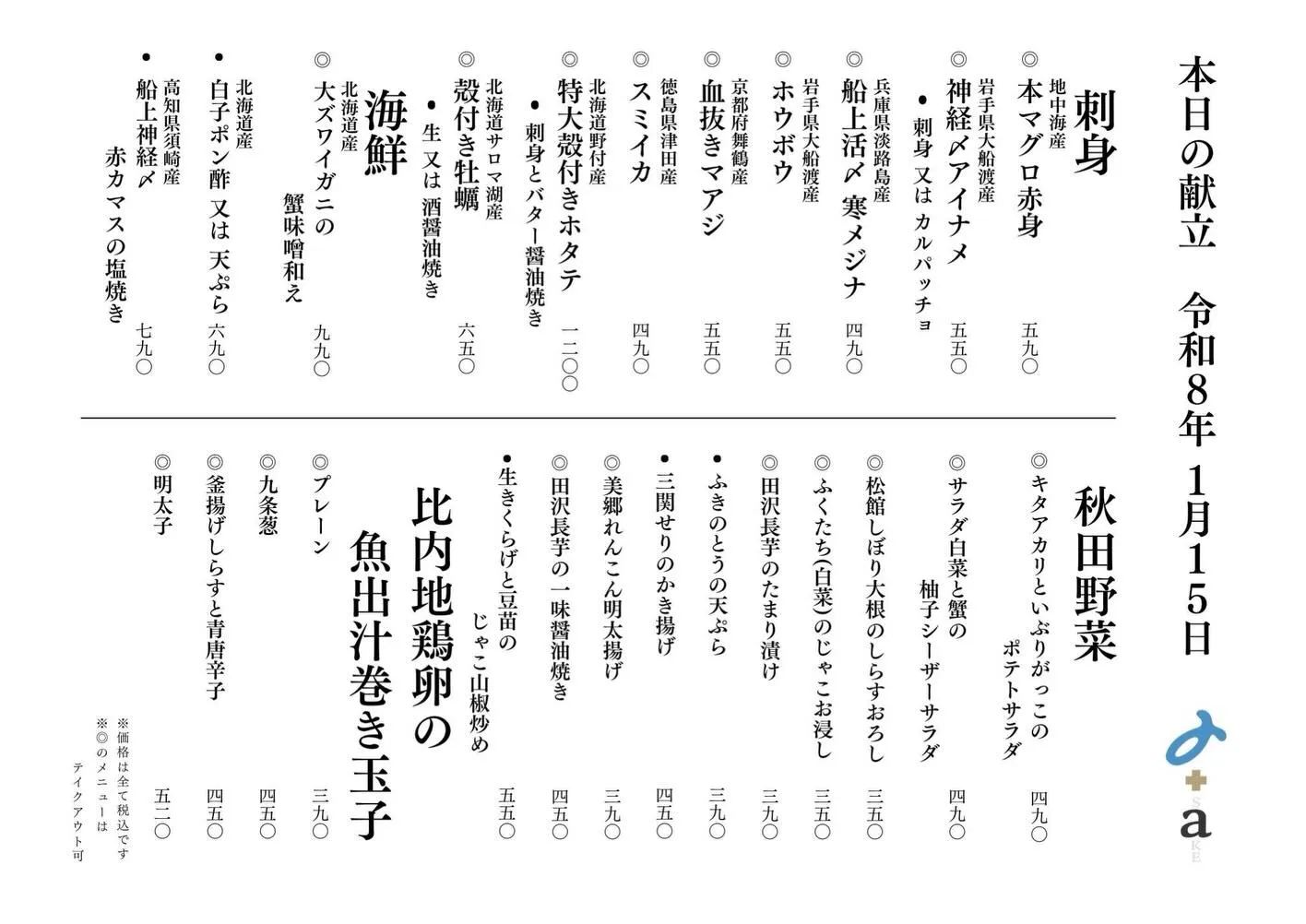 さかなの木1月15日のメニューです。