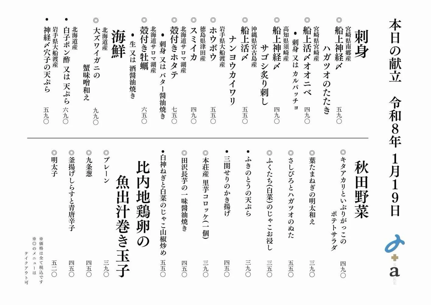 さかなの木1月19日のメニューです。