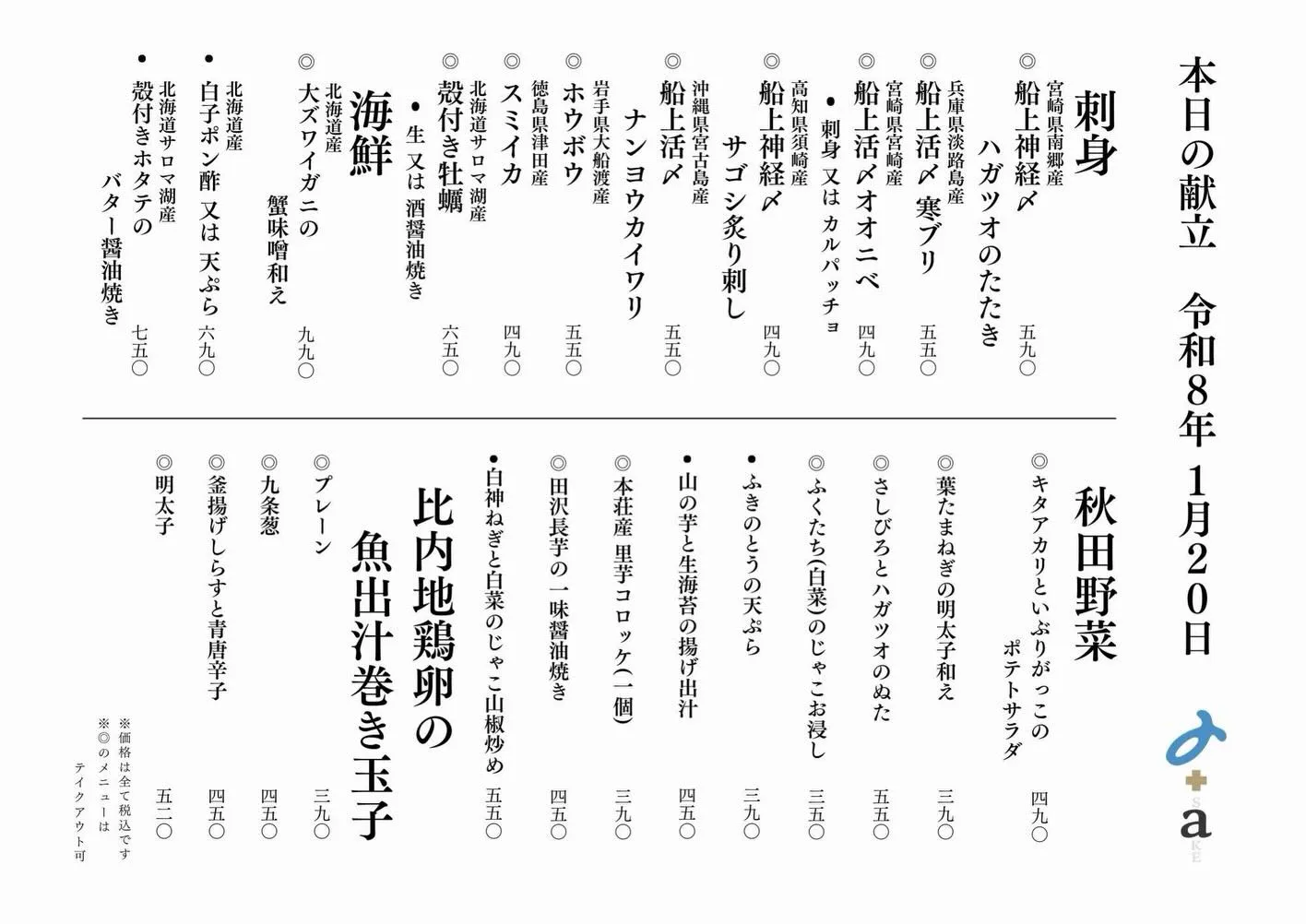 さかなの木1月20日のメニューです。