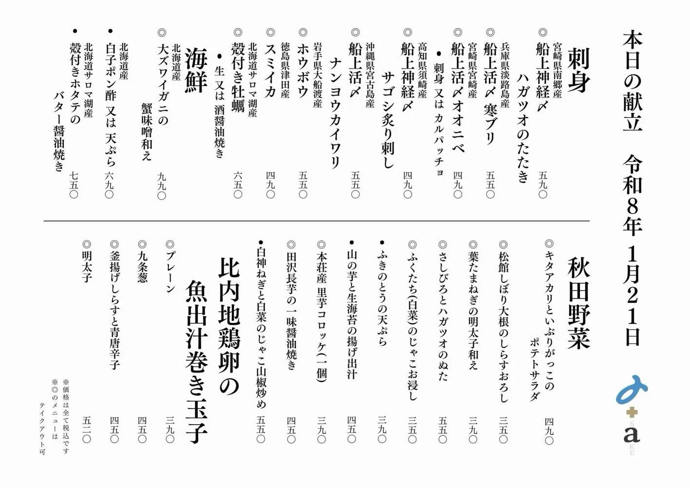 さかなの木1月21日のメニューです。