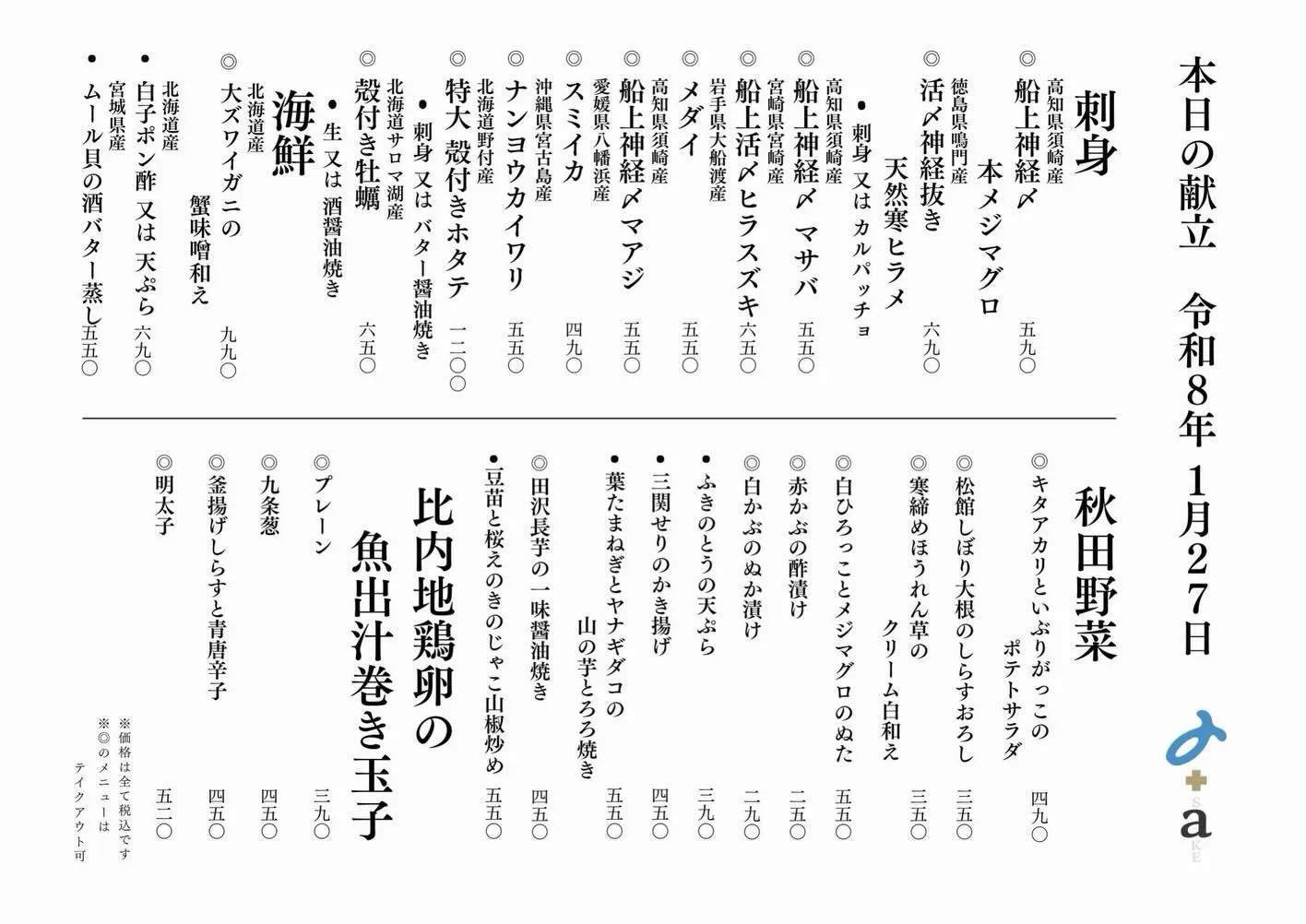 さかなの木1月27日のメニューです。