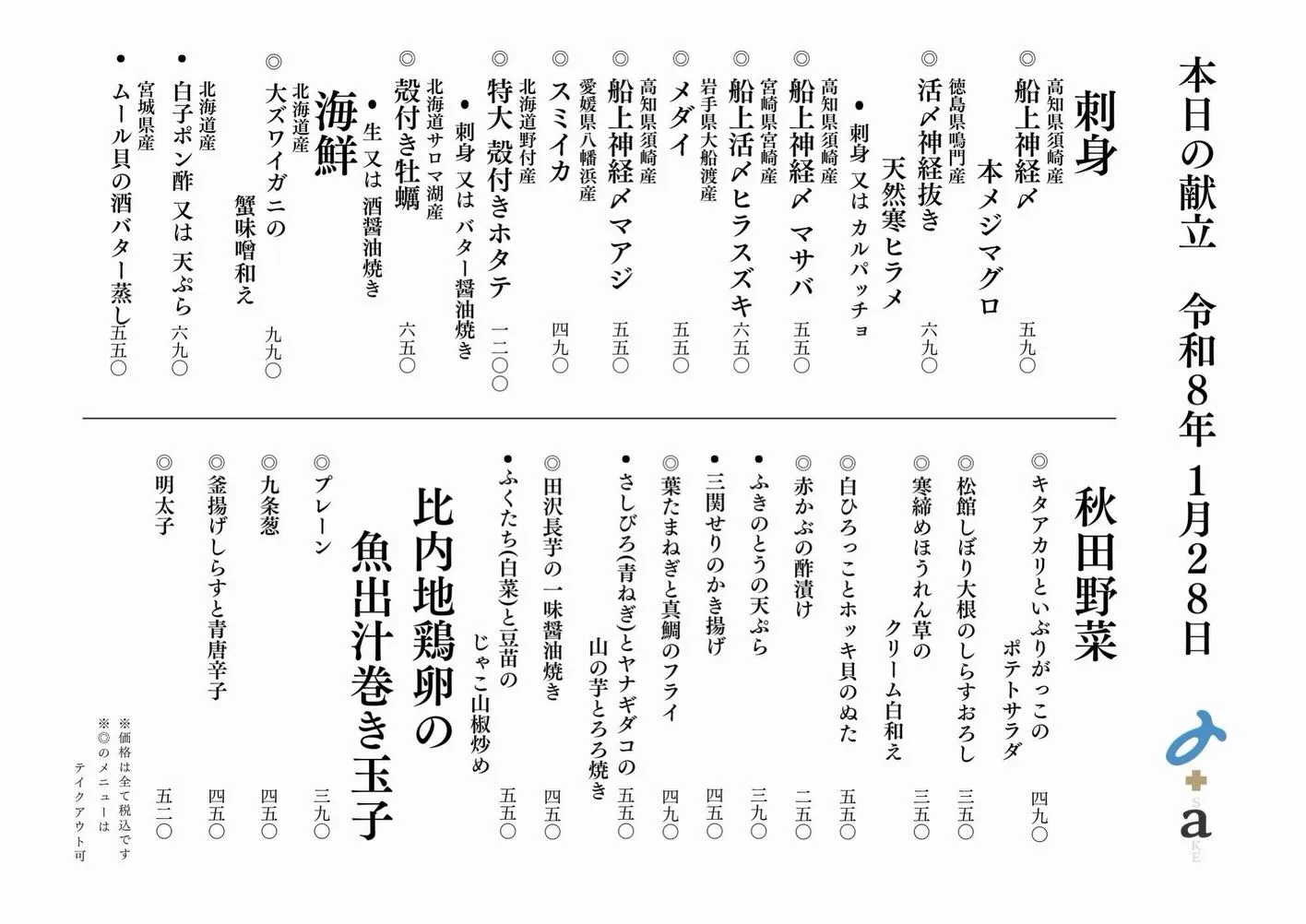 さかなの木1月28日のメニューです。