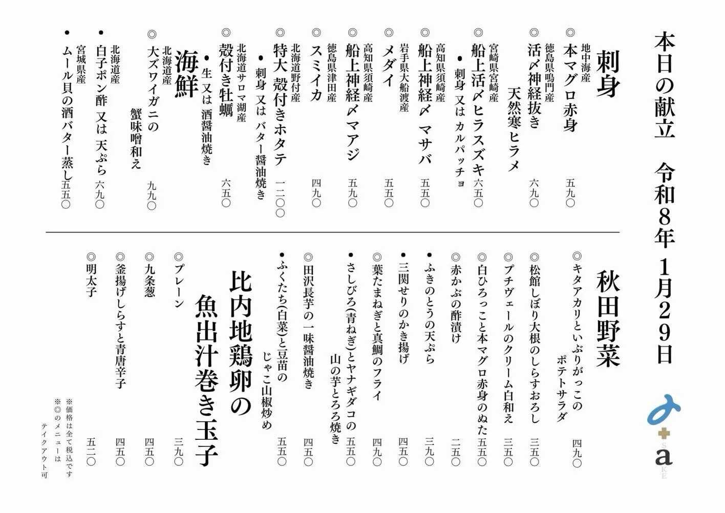 さかなの木1月29日のメニューです。