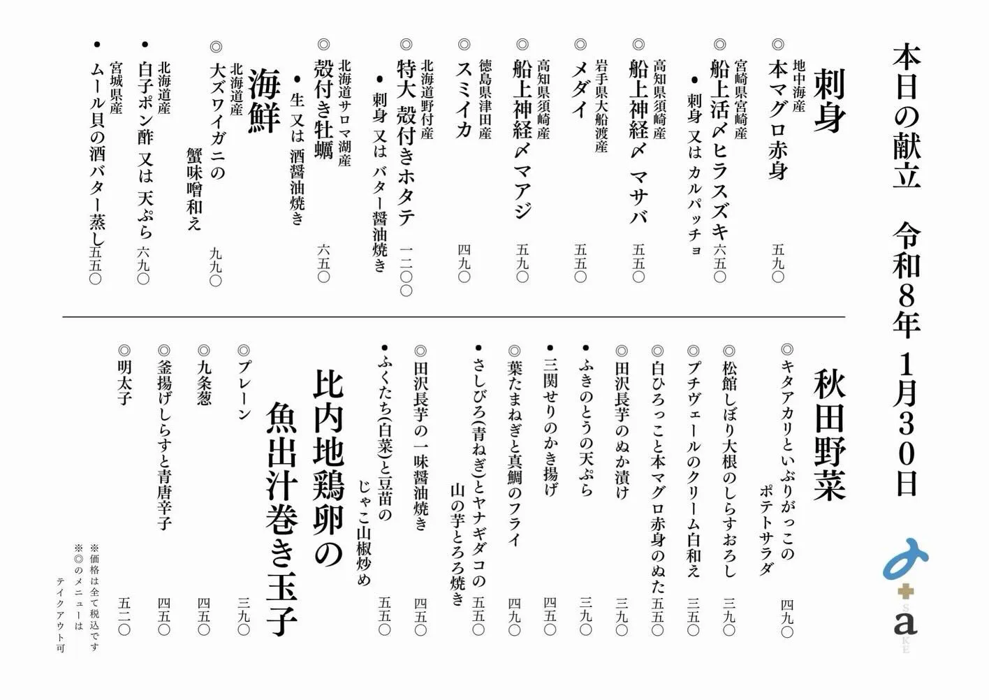 さかなの木1月30日のメニューです。