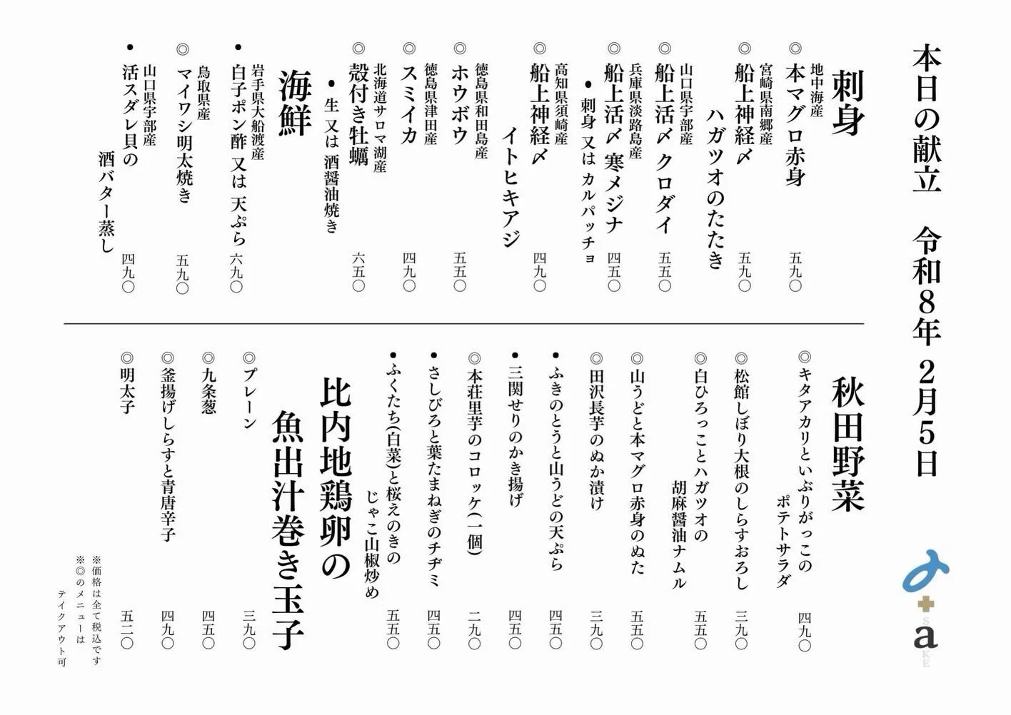 さかなの木2月５日のメニューです。