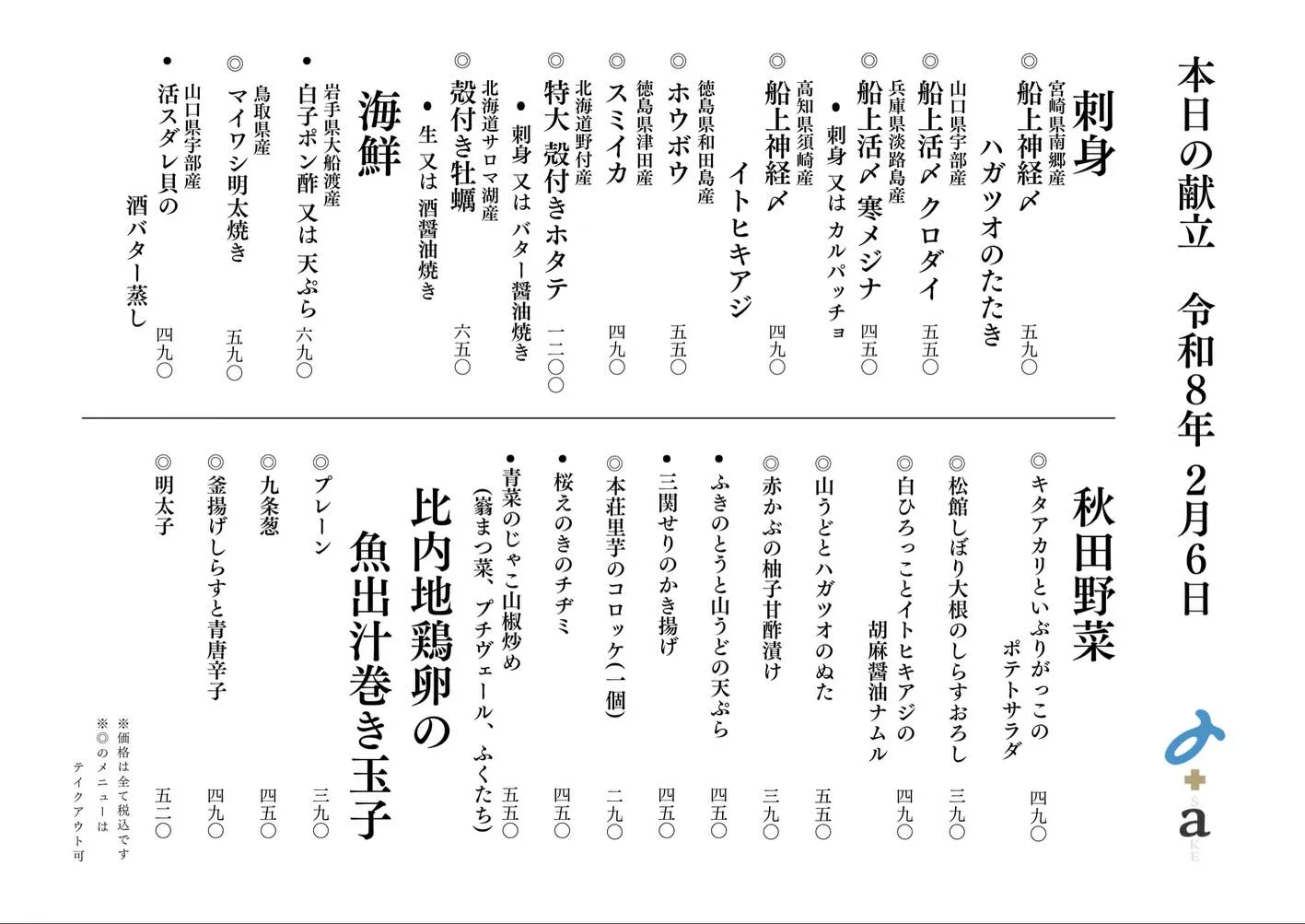 さかなの木2月6日のメニューです。