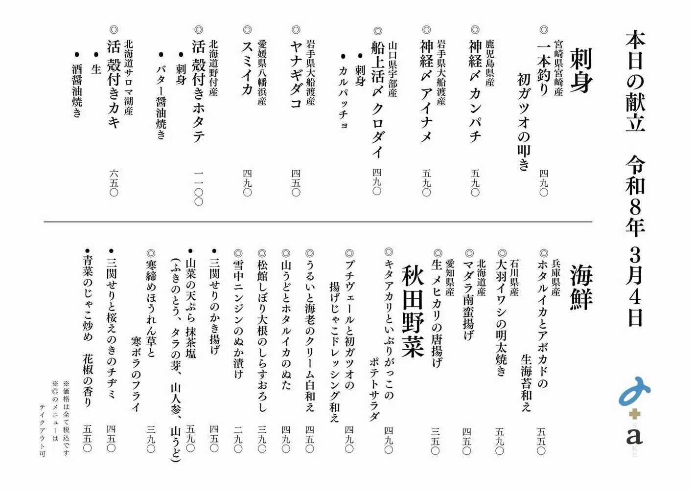 さかなの木3月4日のメニューです。