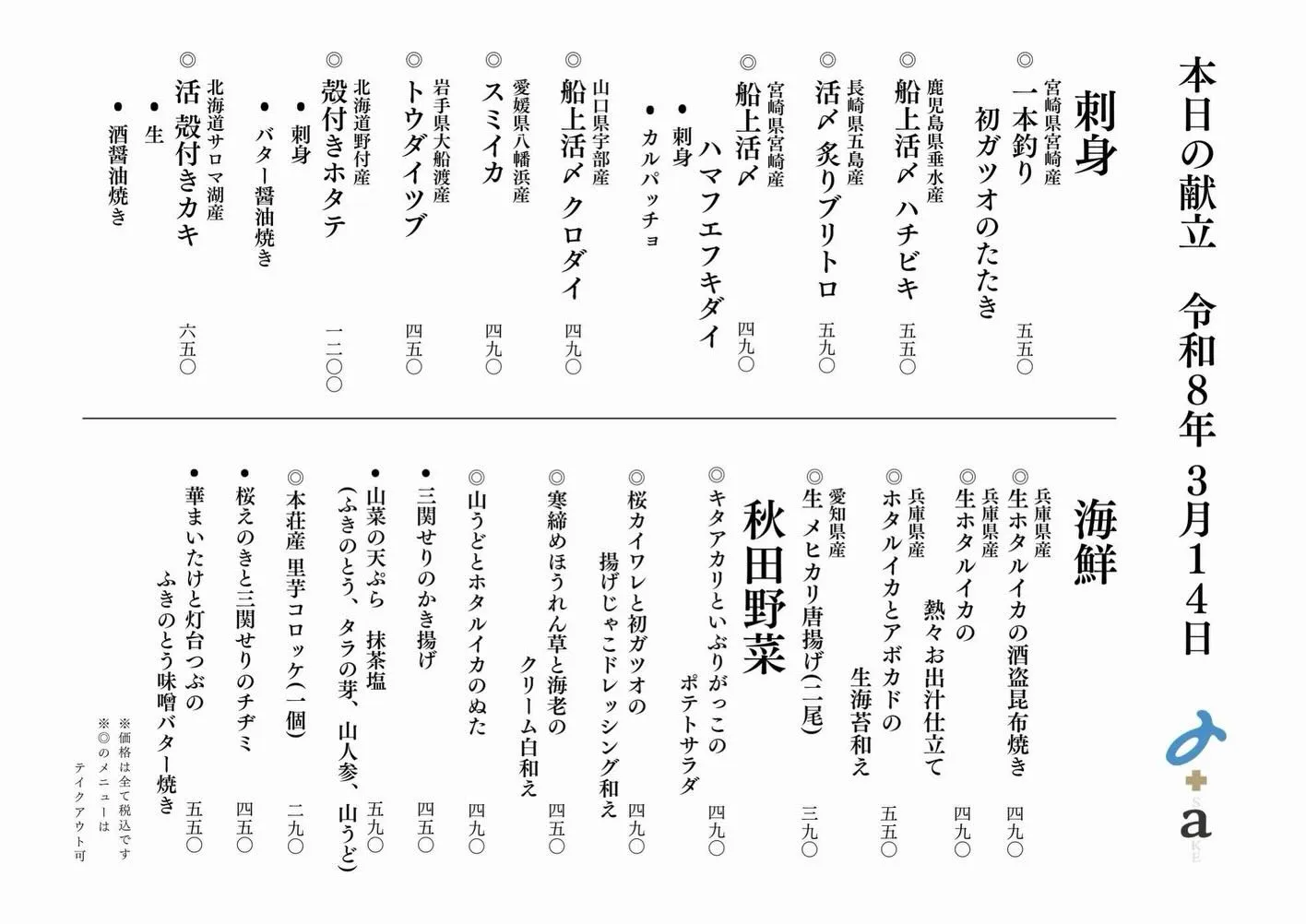 さかなの木3月14日のメニューです。