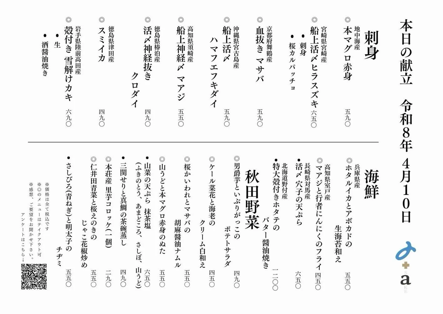 さかなの木4月10日のメニューです。