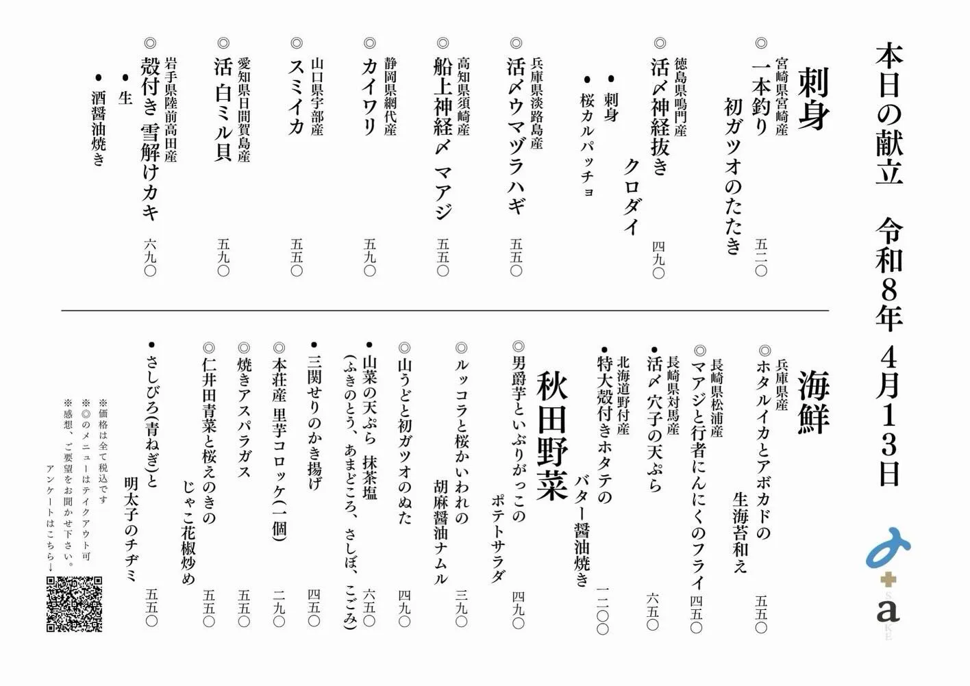 さかなの木4月13日のメニューです。