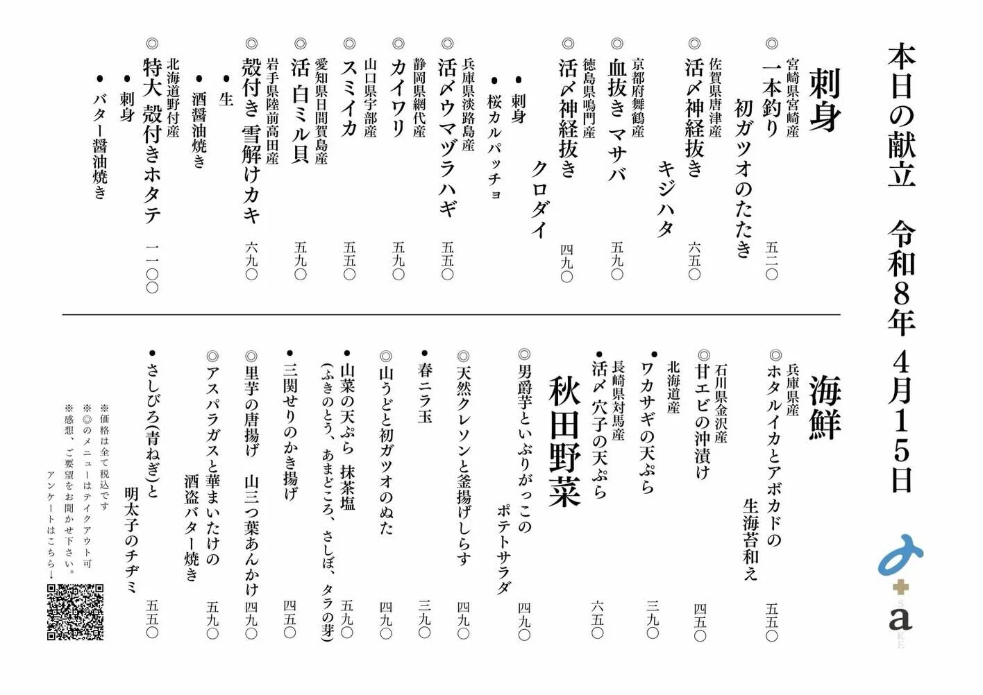 さかなの木4月15日のメニューです。