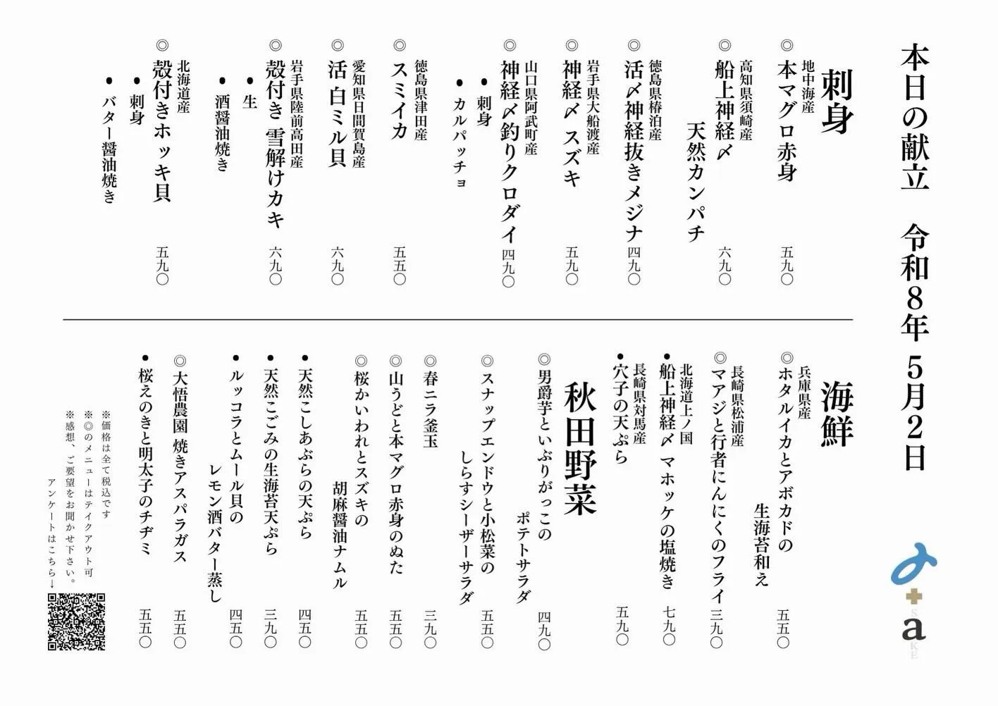 さかなの木5月2日のメニューです。
