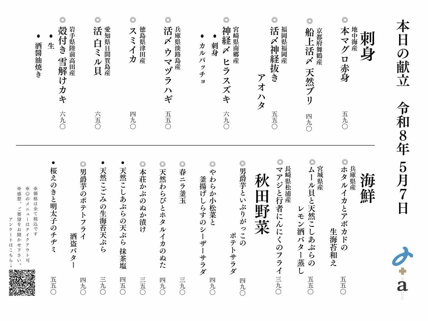 さかなの木5月7日のメニューです。