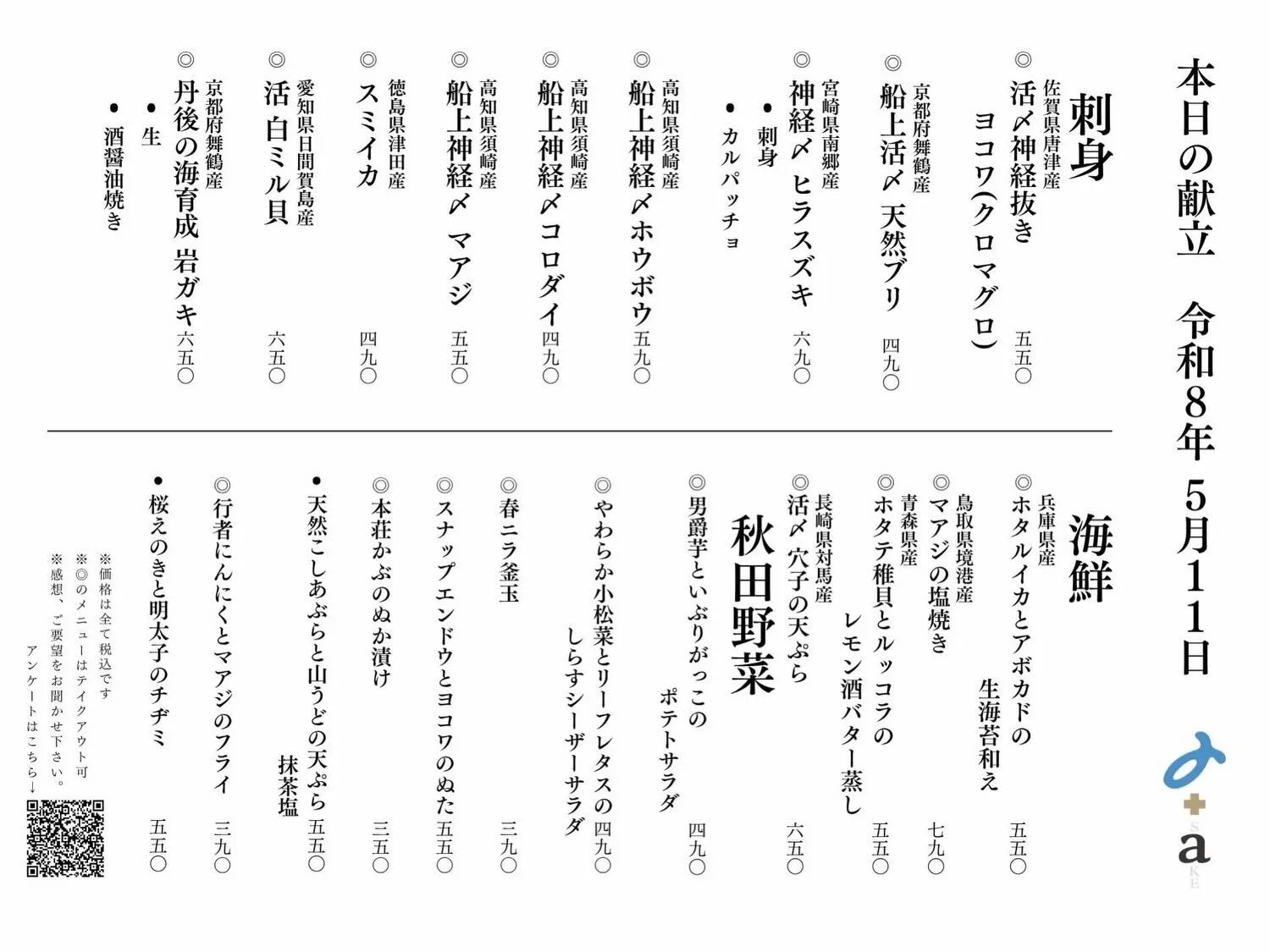 さかなの木5月11日のメニューです。