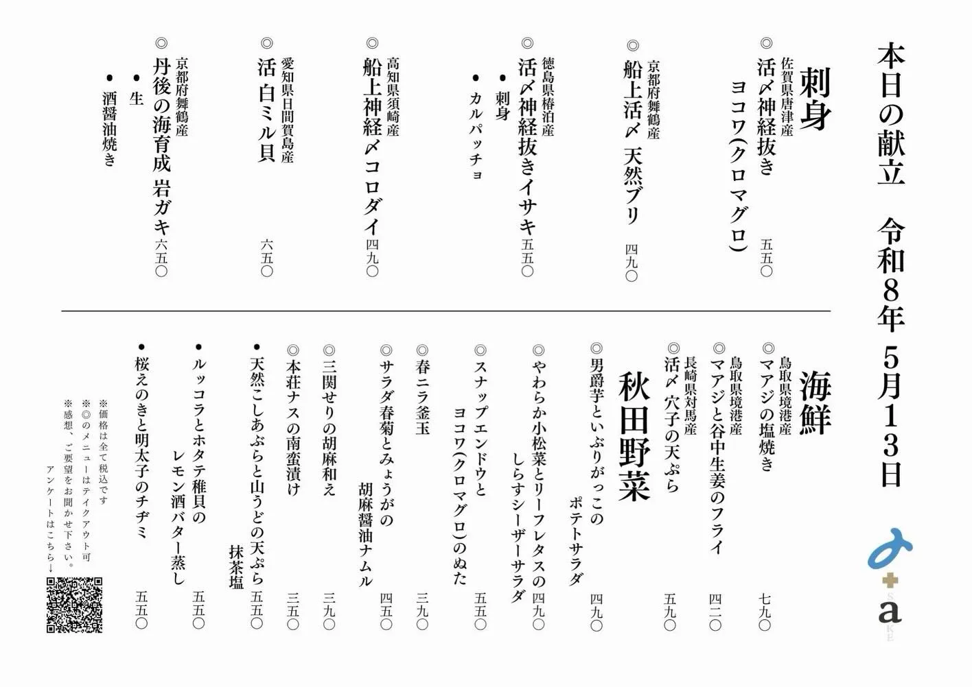 さかなの木5月13日のメニューです。
