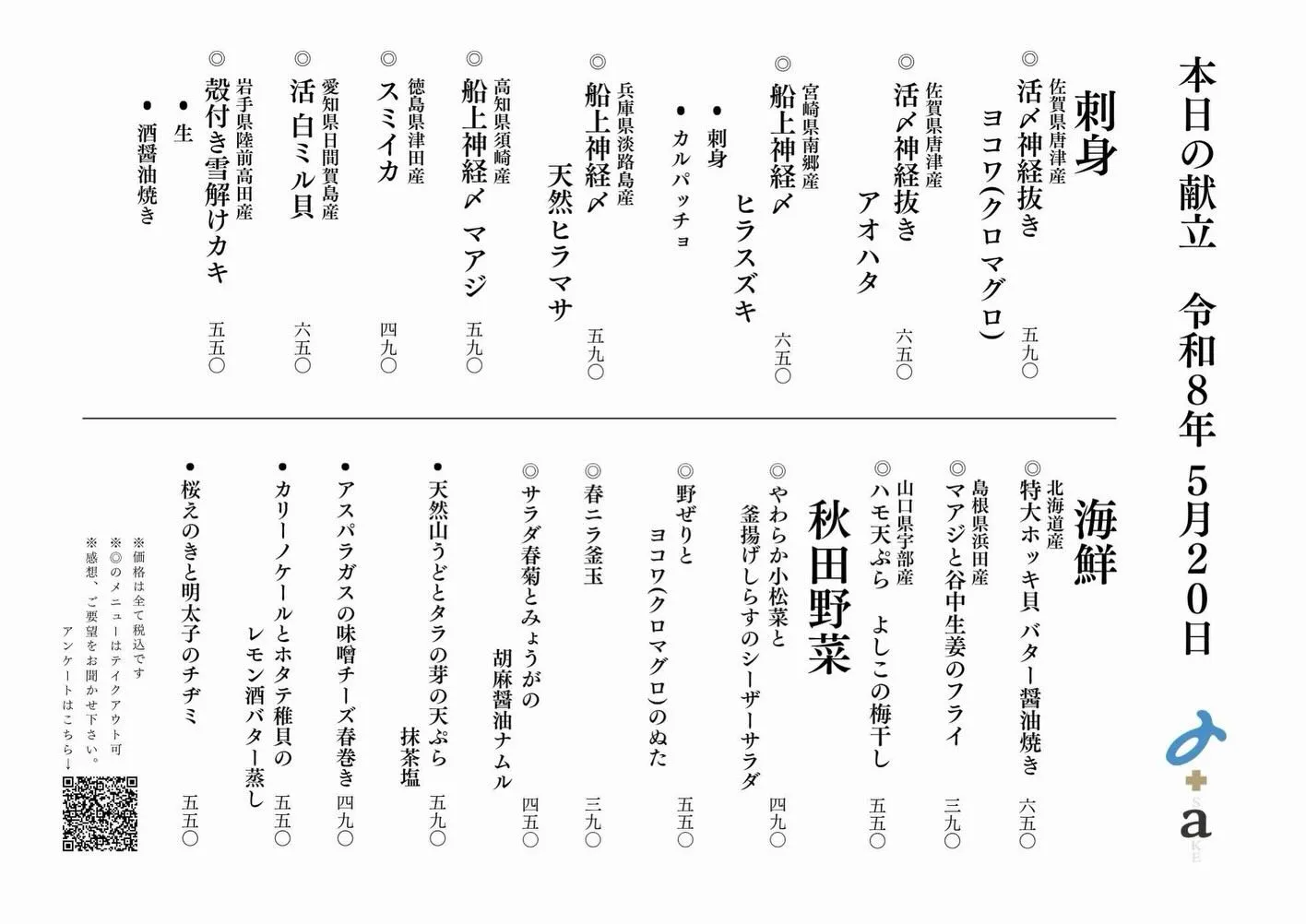 さかなの木5月20日のメニューです。