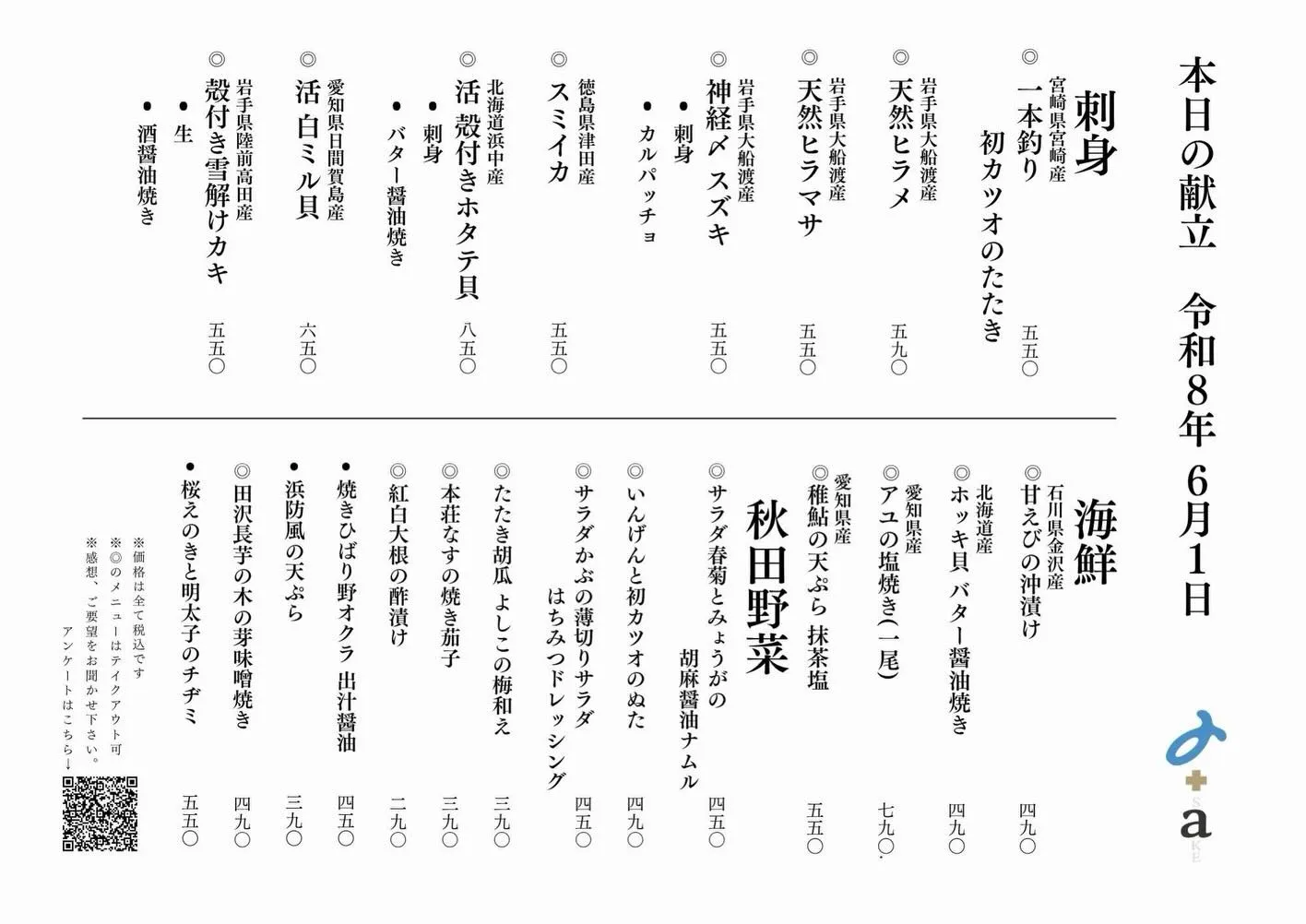 さかなの木6月1日のメニューです。