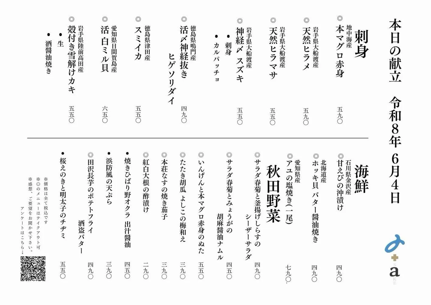 さかなの木6月4日のメニューです。