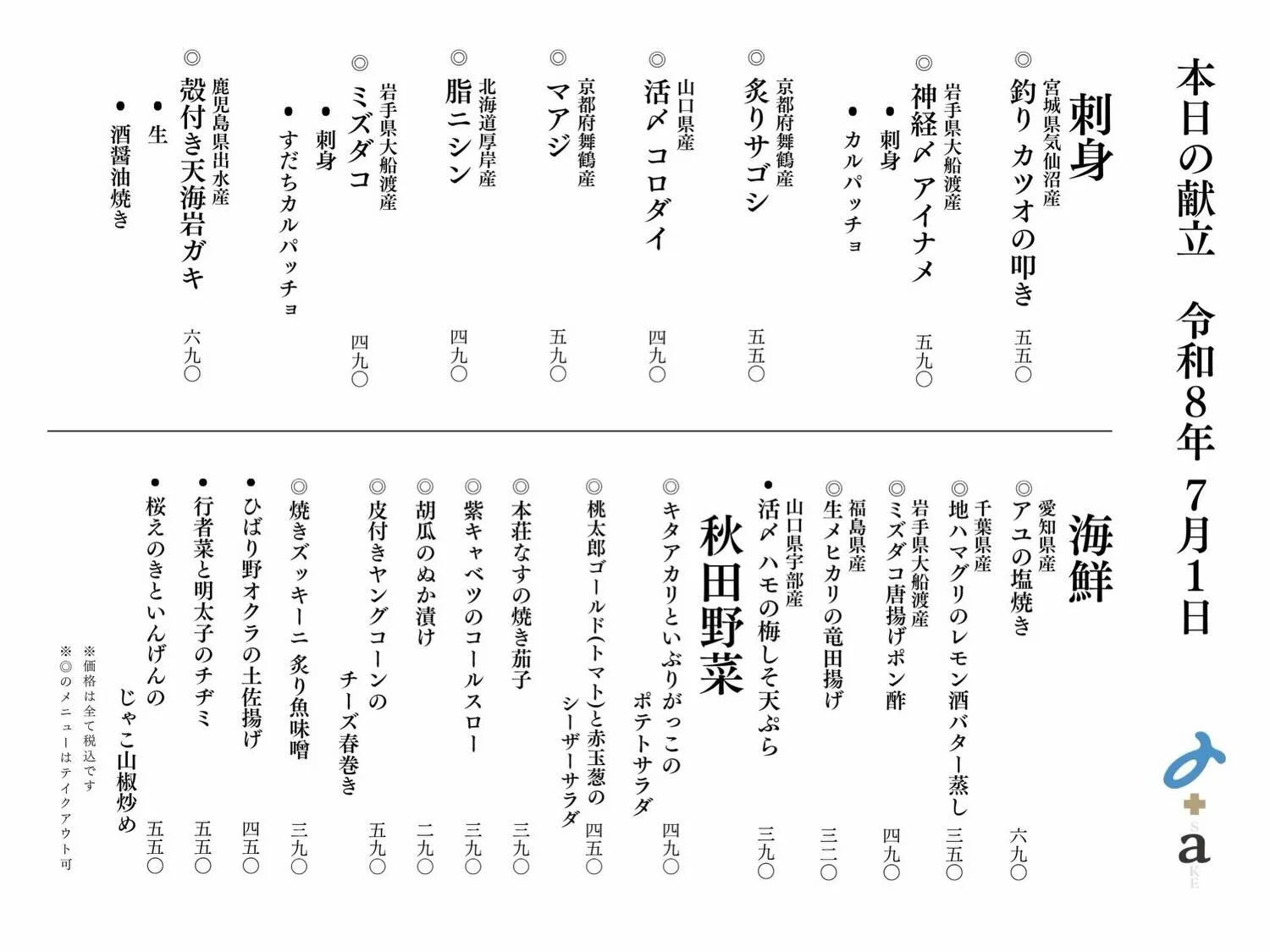さかなの木7月1日のメニューです。