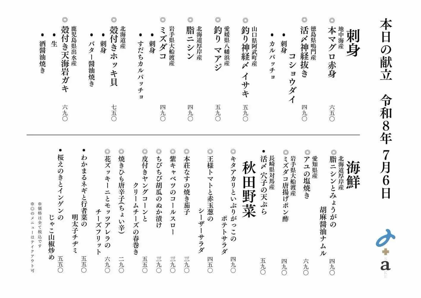さかなの木7月6日のメニューです。