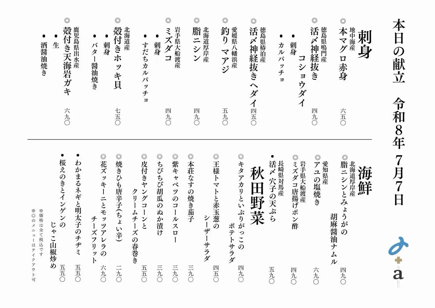 さかなの木7月7日のメニューです。