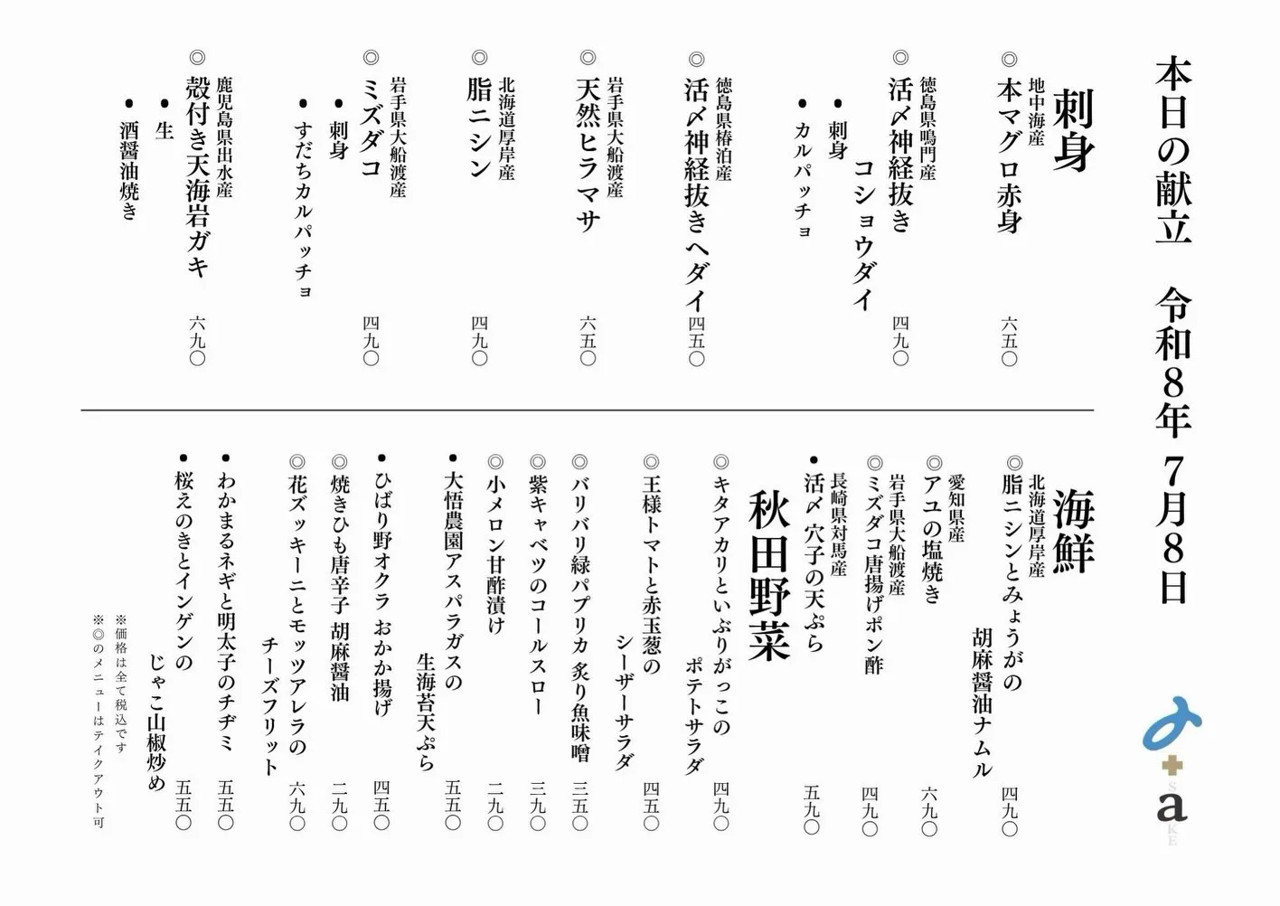 さかなの木7月8日のメニューです。