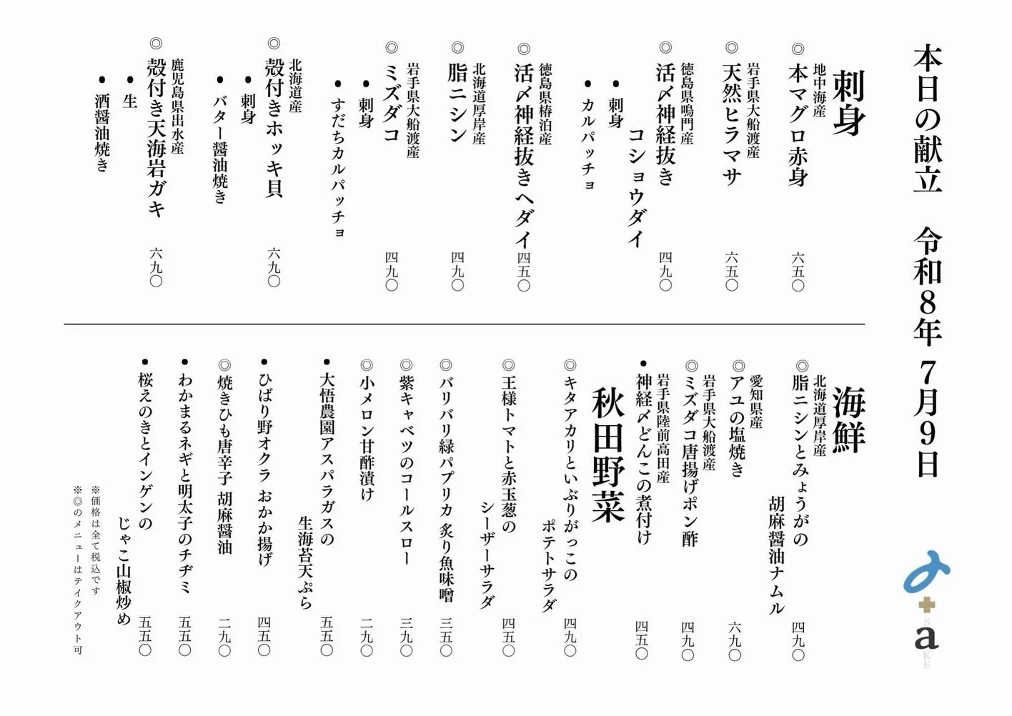 さかなの木7月9日のメニューです。