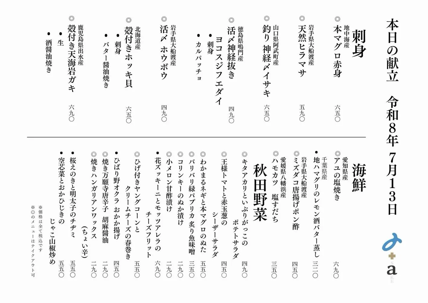 さかなの木7月13日のメニューです。