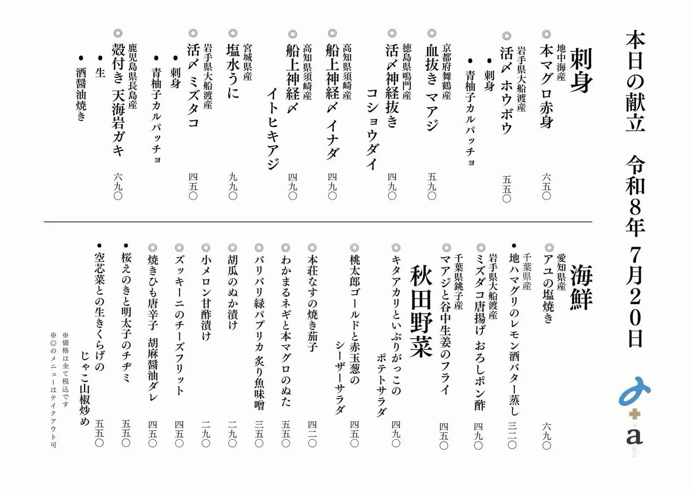 さかなの木7月20日のメニューです。